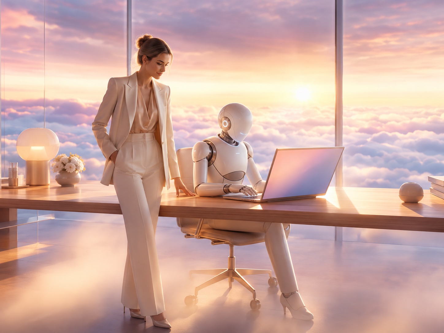 A calm, warm scene of governed AI: human oversight guiding trusted autonomous actions